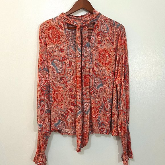 Free People Pink Floral Vista Dreams Smocked Tie V-Neck Oversized Top Blouse XS - Picture 4 of 8